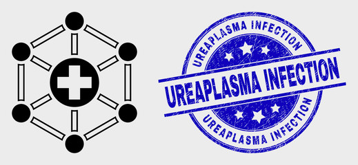 Vector outline medical links icon and Ureaplasma Infection seal stamp. Blue round grunge seal stamp with Ureaplasma Infection title. Black isolated medical links pictogram in linear style.