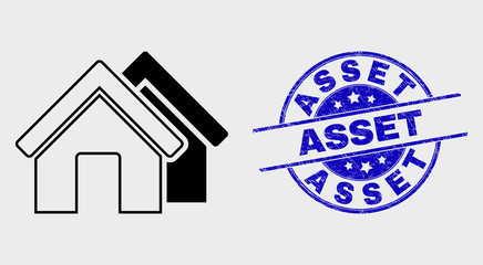 Vector outline houses pictogram and Asset stamp. Blue rounded scratched stamp with Asset message. Black isolated houses pictogram in outline style.