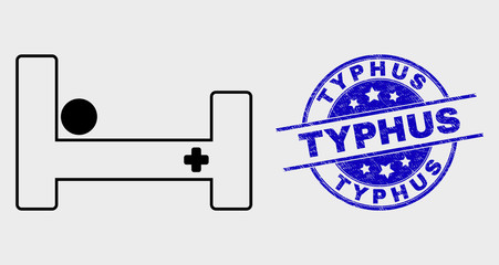 Vector stroke hospital bed icon and Typhus seal stamp. Blue round distress seal with Typhus phrase. Black isolated hospital bed icon in stroke style.