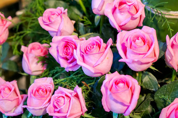 Top view and closeup of wedding pink roses flower bouquet on blurry background.