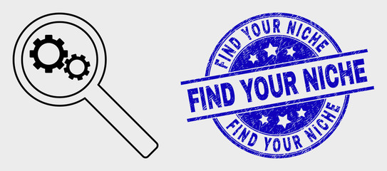 Vector linear gears audit icon and Find Your Niche seal stamp. Blue round textured seal stamp with Find Your Niche title. Black isolated gears audit icon in stroke style.