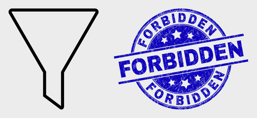 Vector contour filter icon and Forbidden stamp. Blue rounded scratched seal stamp with Forbidden message. Black isolated filter icon in contour style.