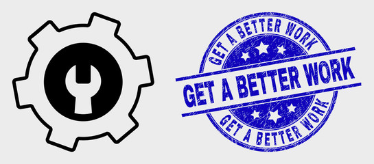 Vector line repair gear pictogram and Get a Better Work watermark. Blue rounded textured seal stamp with Get a Better Work title. Black isolated repair gear pictogram in line style.