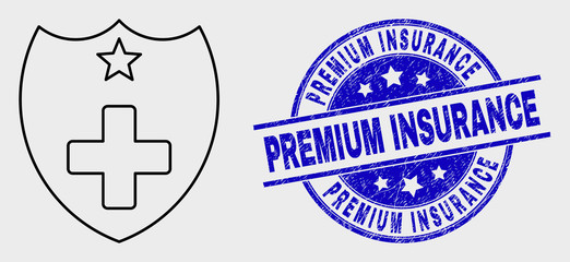 Vector outline medical shield icon and Premium Insurance seal stamp. Blue round scratched seal stamp with Premium Insurance phrase. Black isolated medical shield pictogram in outline style.
