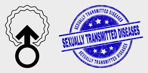 Vector contour insemination icon and Sexually Transmitted Diseases seal stamp. Blue rounded scratched seal stamp with Sexually Transmitted Diseases message.