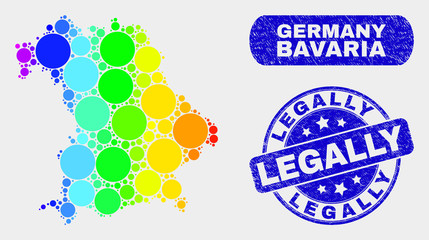 Rainbow colored dot Bavaria Land map and watermarks. Blue rounded Legally scratched seal stamp. Gradient rainbow colored Bavaria Land map mosaic of randomized small spheres.