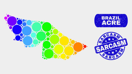 Rainbow colored spotted Acre State map and rubber prints. Blue rounded Sarcasm grunge stamp. Gradiented rainbow colored Acre State map mosaic of scattered round elements.