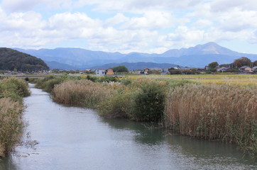 川から眺める滋賀県の名峰、伊吹山と田園風景