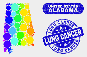 Spectrum spotted Alabama State map and watermarks. Blue rounded Lung Cancer scratched seal stamp. Gradiented spectral Alabama State map mosaic of randomized small circles.