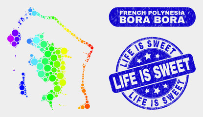 Rainbow colored dot Bora-Bora map and seal stamps. Blue round Life Is Sweet scratched stamp. Gradient rainbow colored Bora-Bora map mosaic of random circle dots. - obrazy, fototapety, plakaty