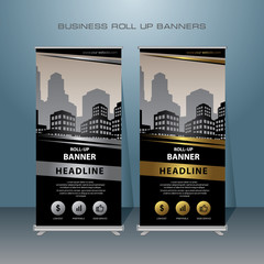 Gold Modern Roll Up Banner. Golden Color standing banner template design for Advertising.