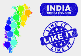 Rainbow colored dotted Chhattisgarh State map and rubber prints. Blue round Like It scratched seal. Gradient rainbow colored Chhattisgarh State map mosaic of scattered small spheres.