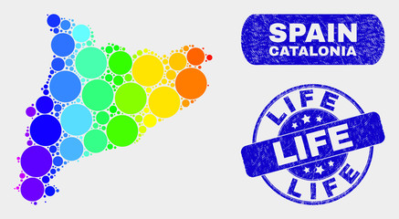 Spectral dot Catalonia map and stamps. Blue round Life scratched seal. Gradient rainbow colored Catalonia map mosaic of scattered round dots. Life seal stamp with scratched surface.