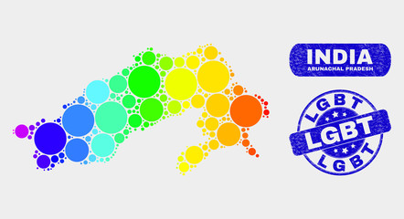 Spectrum dot Arunachal Pradesh State map and rubber prints. Blue rounded LGBT grunge watermark. Gradient spectrum Arunachal Pradesh State map mosaic of scattered small spheres.