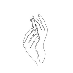 Beautiful hands of young woman, continuous line drawing, body care, manicure. Single line on a white background, isolated vector illustration. Tattoo, print and logo design.