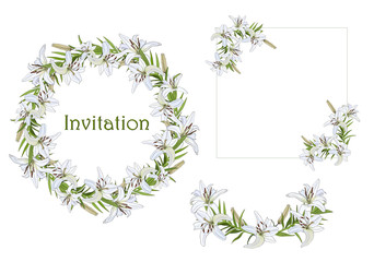 Set of wreath, semicircles and corner elements for greetings, invitations with white lily flowers.