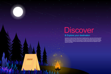Landing page website template in camping in forest with starry night background
