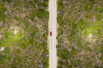 View from above, stunning aerial view of a red car that runs along a road flanked by a green forest. Sardinia, Italy.