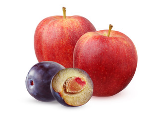 red Apple and plums isolated on white background.