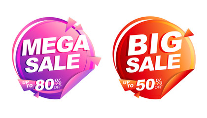 mega sale, big sale up to 50% off isolated vector illustration, discount tag price, red and pink circle design banner