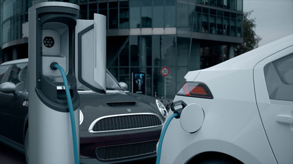 Electric Car Charging At A Charging Station (daytime version, v2)