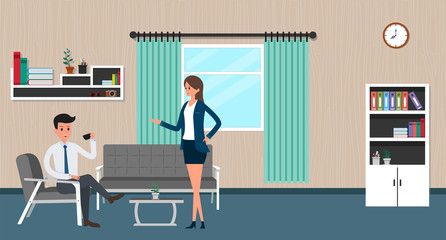 Office workers in interior building, characters activities flat design of business people, vector illustration.