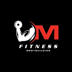 Letter M Logo With barbell. Fitness Gym logo. Vector logo design.