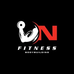 Letter N Logo With barbell. Logo design for gym and fitness.