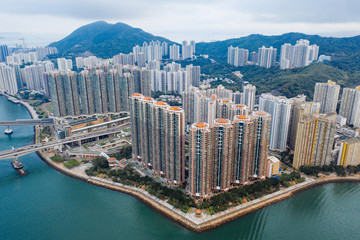 Naklejka premium Aerial view of Hong Kong crowed residence at Tsing Yi, Hong Kong on 8 April 2019