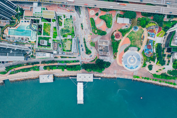 Aerial view of express way pass through Tsuen Wan Park, Tsuen Park, Hong Kong on 8 April 2019