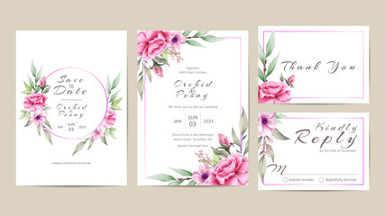Beautiful Wedding Invitation Set of Roses and Anemone Flowers