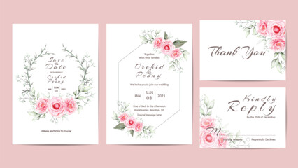 Fototapeta na wymiar Elegant wedding invitation template set of watercolor peonies