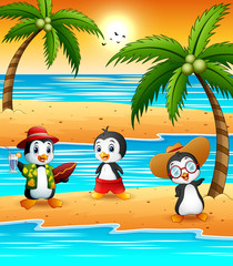 Cute cartoon penguins in summer holiday