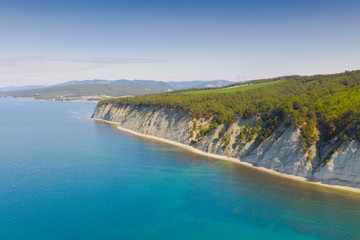 Fototapeta na wymiar Aerial View Of Coastline Cliff With Wild Beach, Black Sea, Gelendzhik, Russia