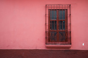 Red Window on Pink Wall of Building in Chiapas, Mexico