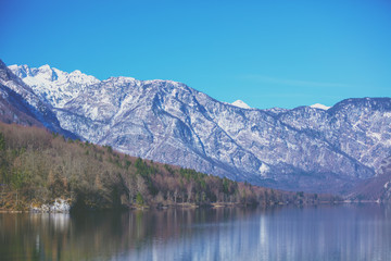 Naklejka na ściany i meble Mountain lake on a sunny day. Lake Bohinj (Bohinjsko jezero), Slovenia, Europe