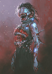 creepy zombie with bloody mouth in the middle of body, digital art style, illustration painting © grandfailure