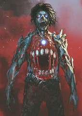 aggressive zombie with bloody mouth in the middle of body, digital art style, illustration painting © grandfailure