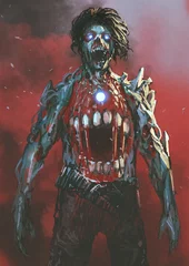 Keuken spatwand met foto agressieve zombie met bloederige mond in het midden van het lichaam, digitale kunststijl, illustratie schilderij © grandfailure