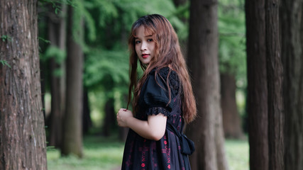 Portrait of beautiful Asian woman standing in summer forest, Chinese girl in vintage black dress looking at camera with blur nature background, Emotions, beauty and lifestyle concept.