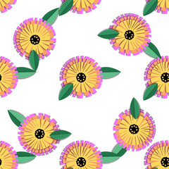 Vintage origami pattern with colorful calendula cut paper pattern on white background for textile design. Like a 3d vector. Modern interior.