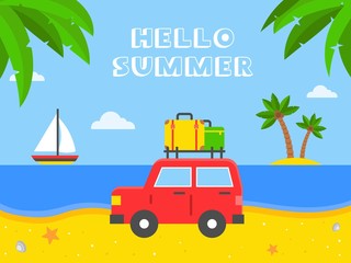Hello Summer, Car with luggage on the beach
