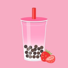 Strawberry Bubble tea, Pearl milk tea vector illustration