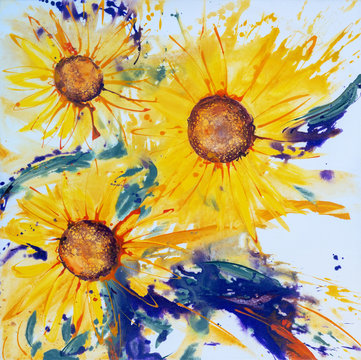 Illustration of three modern ornately painted sunflower