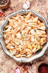 Pile of boiled peeled shrimps