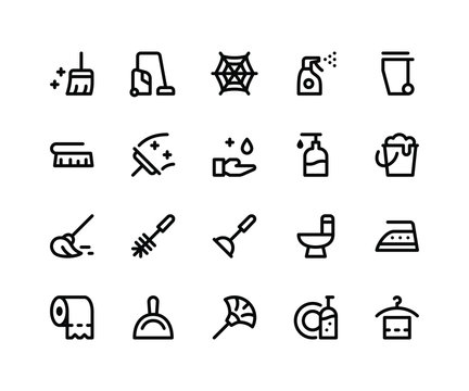 Simple Set of Cleaning Related Vector Line Icons. Contains such Icons as broom, vacuum, spray, dustpan and More. pixel perfect vector icons based on 32px grid. Editable Strokes