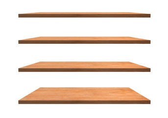 A collection of brown wooden shelves on a white background that separates the objects. There are Clipping Paths for the designs and decoration