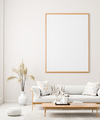 Mock up poster frame in Scandinavian style interior. Minimalist interior design. 3D illustration. © Salih
