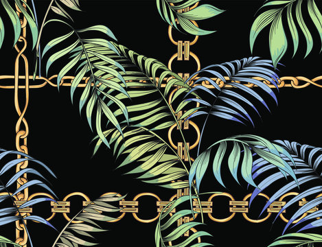 Tropical Leaves And Gold Chains. Vector Seamless Pattern.