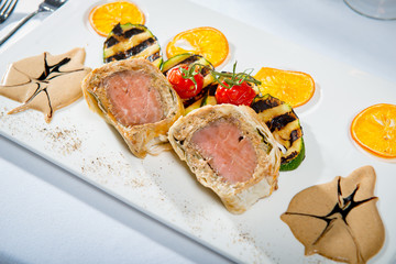 Roast Beef In Flat Bread With Grilled Zucchini And Caramelized Oranges